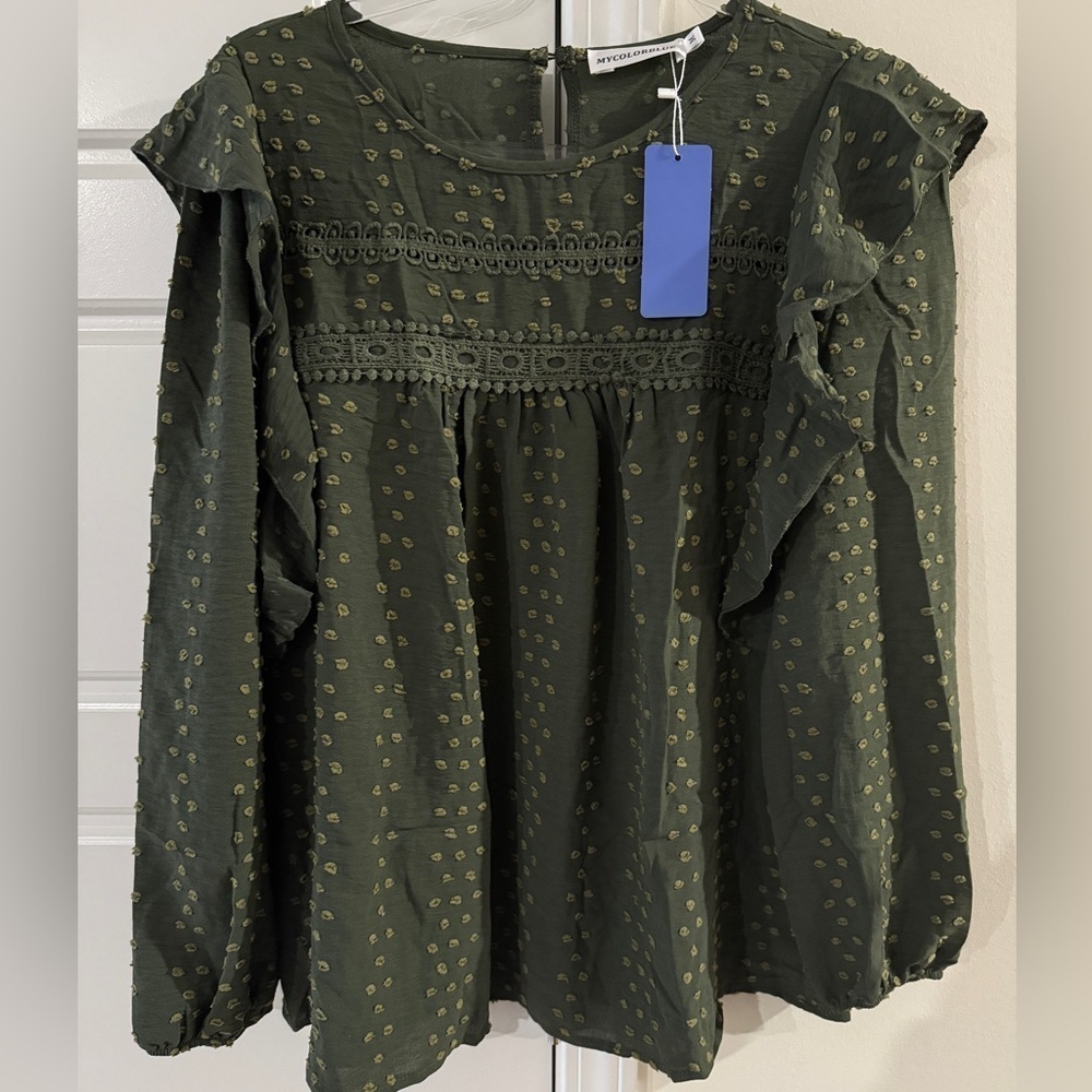 NWT Olive Swiss Dot Crochet Ruffle Blouse Boho Long Sleeve Medium Cottagecore